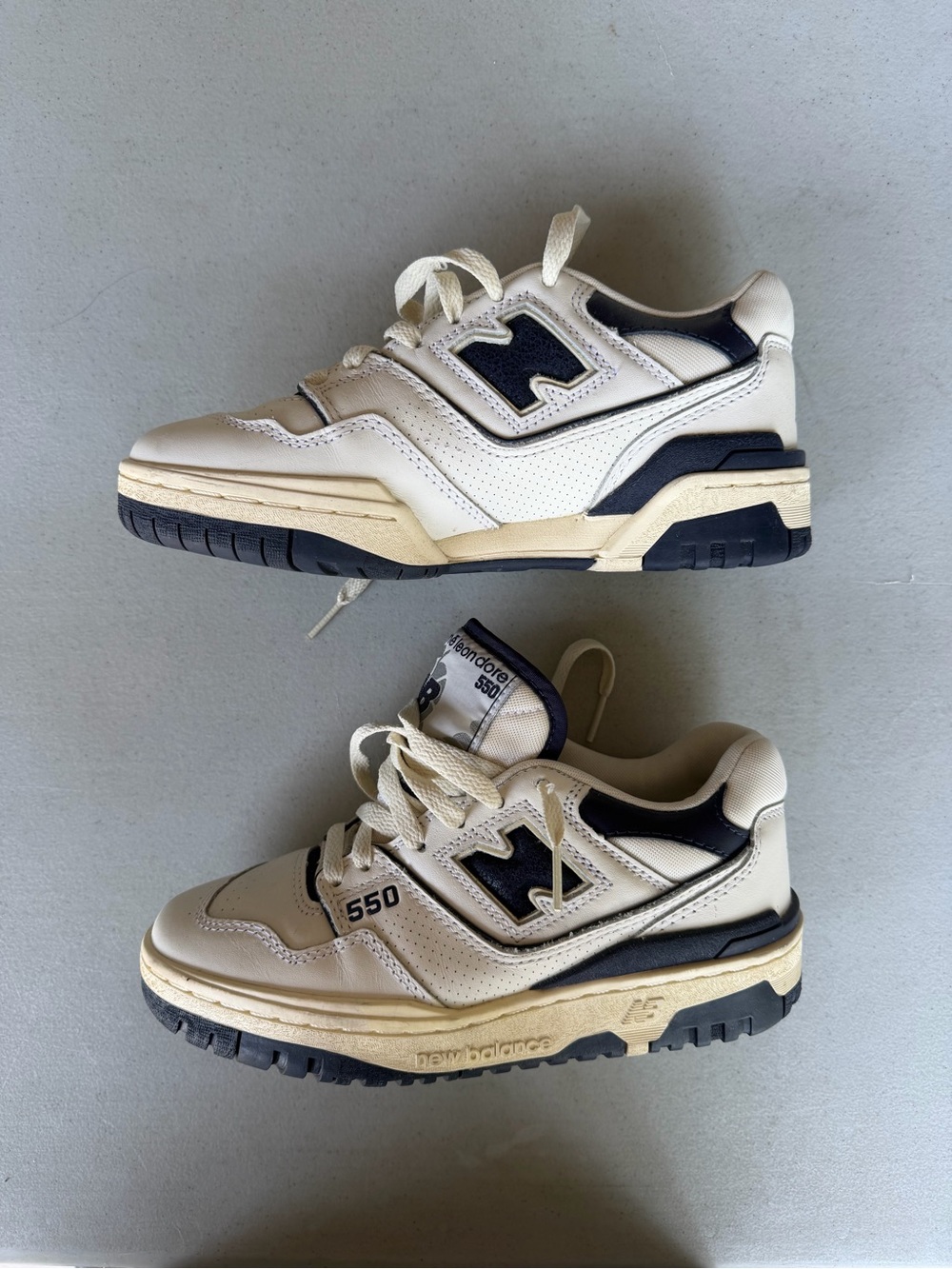 Aime Leon Dore x New Balance 550 Off-White and Navy Leather Sneakers